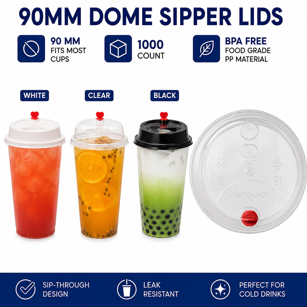 90mm Dome Sip Lids 1000 Count BPA Free PP Lids Clear White Black Bubble Tea Cups