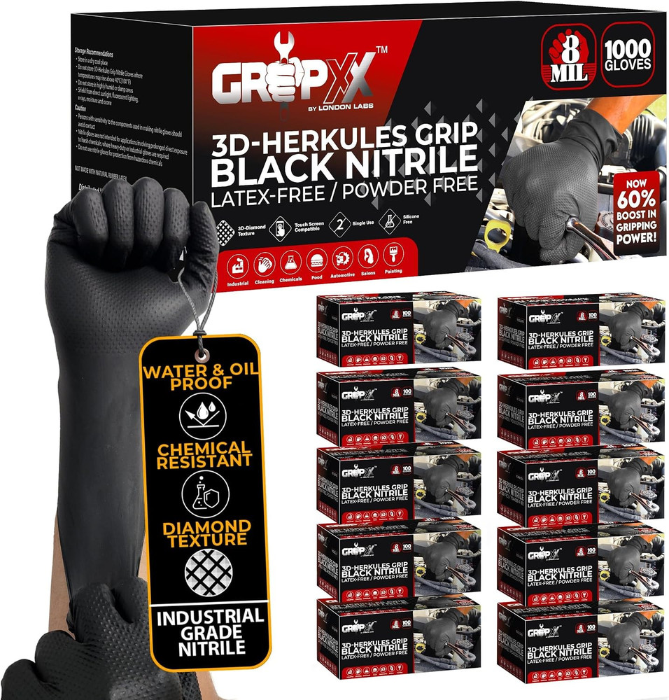 Herkules Grip Heavy Duty 8Mil Black Nitrile Gloves,3D Raised Diamond Texture-Lat