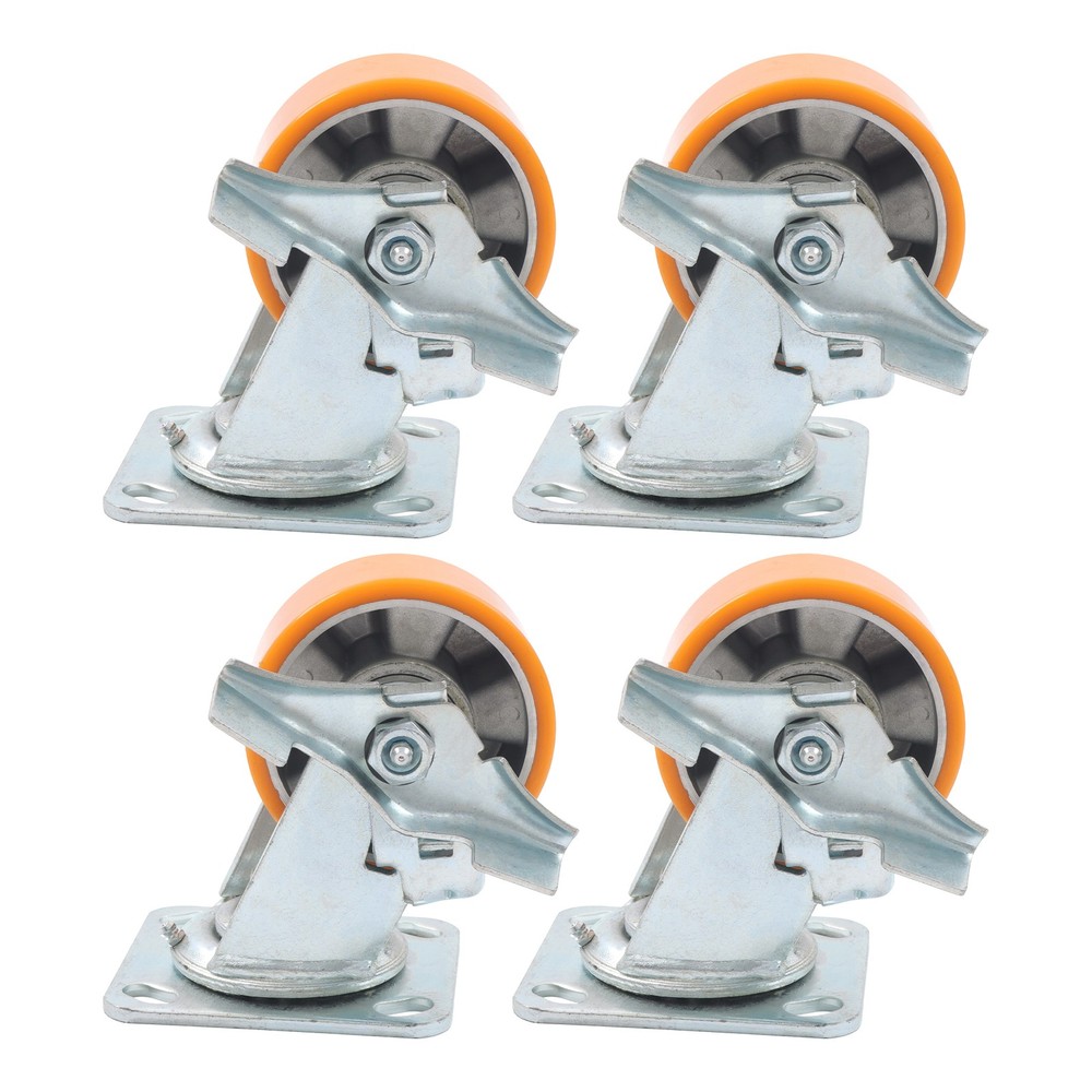 4 Pcs 4″ Side Brake Polyurethane Plate Casters, 3200 Pounds, Silver + Qrange