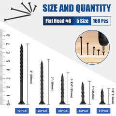 Wood Screws Assortment Kit, 168 PCS, High Hardness Phillips Drive Screws Set, Bl