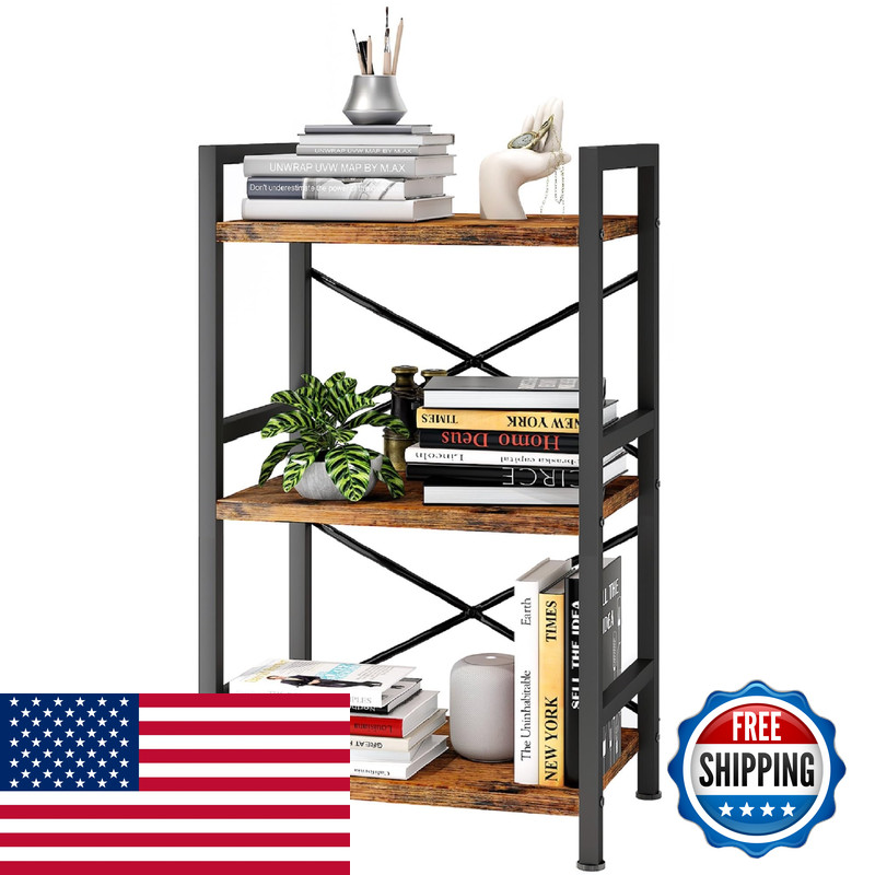 Homeiju Bookshelf 3 Tier Industrial Bookcase Metal Small Bookcase Rustic