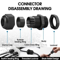 25-Pack Cable Gland Kit IP68 Waterproof Nylon Cord Grip PG7-PG16 Black