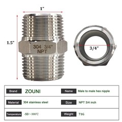 4PCS 3/4″ x 3/4″ NPT Male Hex Nipple Pipe Fittings, 304 Stainless Steel 3/4 i…