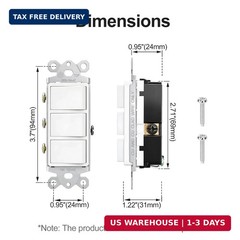 Baomain 10-Pack Triple Rocker Light Switch, 15A 120V Single Pole, 3 Individual S