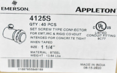 Box of 40 Appleton 4125S 1-1/4in Steel EMT Set Screw Connector Concrete Tight