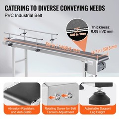 VEVOR Belt Conveyor PVC Stainless Steel Belt Conveyor 59″x15.7″ Double Guardrail
