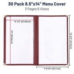 WeChef 30PC Restaurant 8.5×14 Menu Cover Trifold 6 View 3 Page Book Burgundy