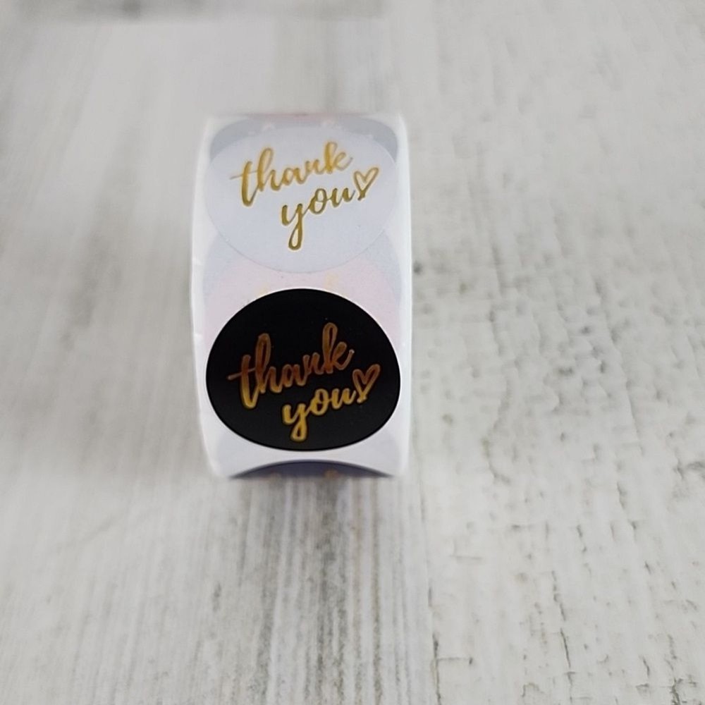 1 roll of 500 multi color Thank You stickers goldtone cursive heart 1″ round NEW