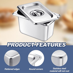 6 Pack Stainless Steam Hotel Pan with Lid, 1/9 Size x 4 Inch Deep Steam Table Pa