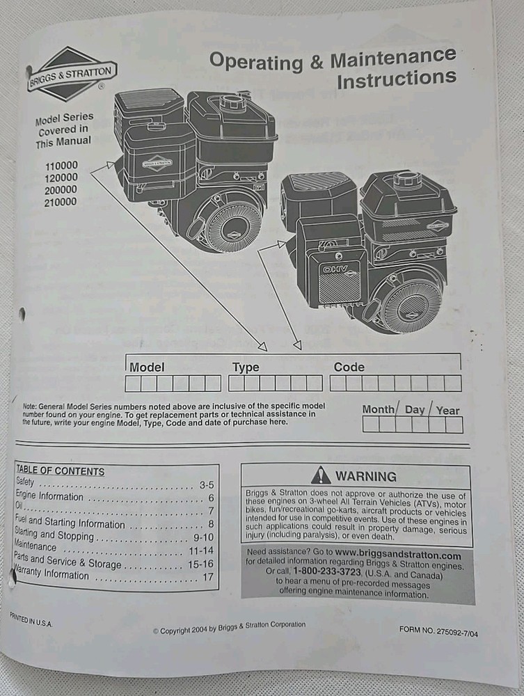 Briggs & Stratton Model Series 110000 120000 200000 210000 Engine Operate Manual