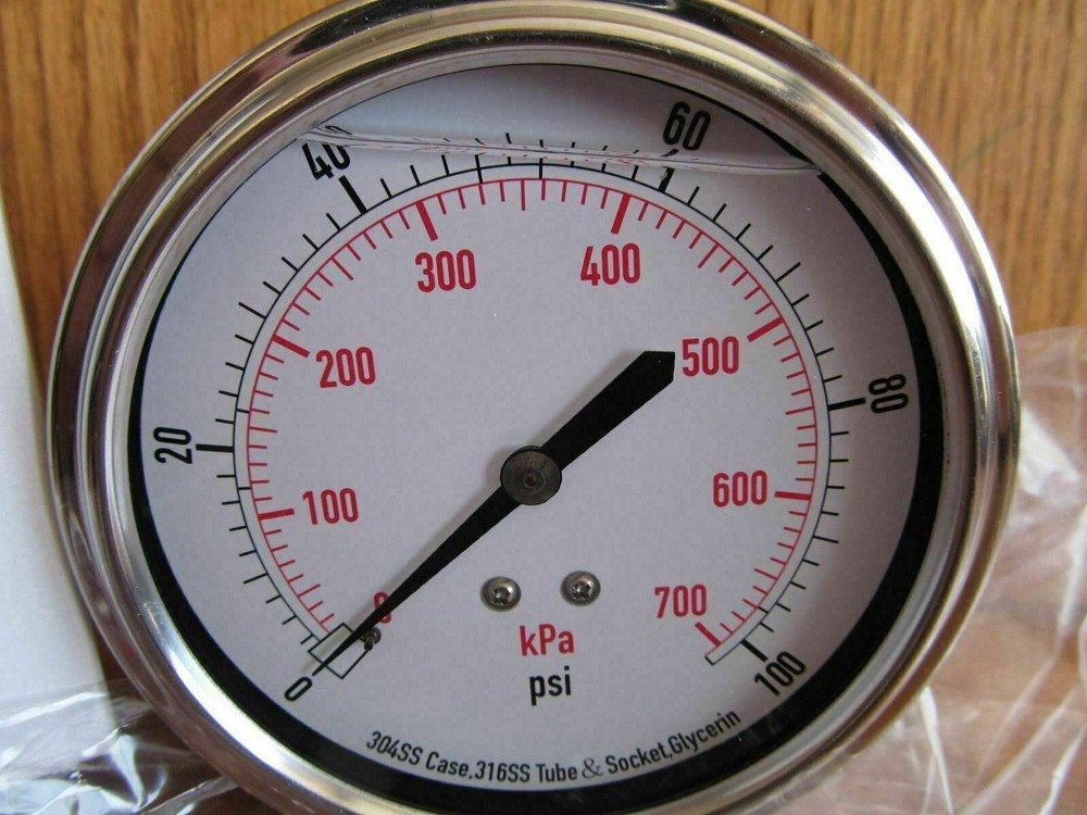 Stainless 3-1/2″ Pressure GAUGE 1/4″npt back port 0-100psi filled #4CFV2 (#-83)