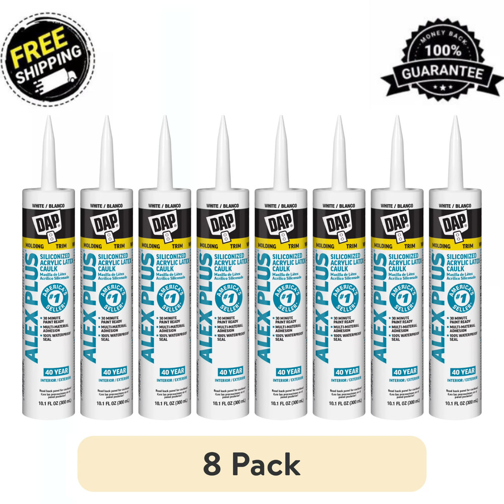 (8 Pack) DAP Alex Plus White Acrylic Latex Caulk Plus Silicone 10.1 oz Paintable