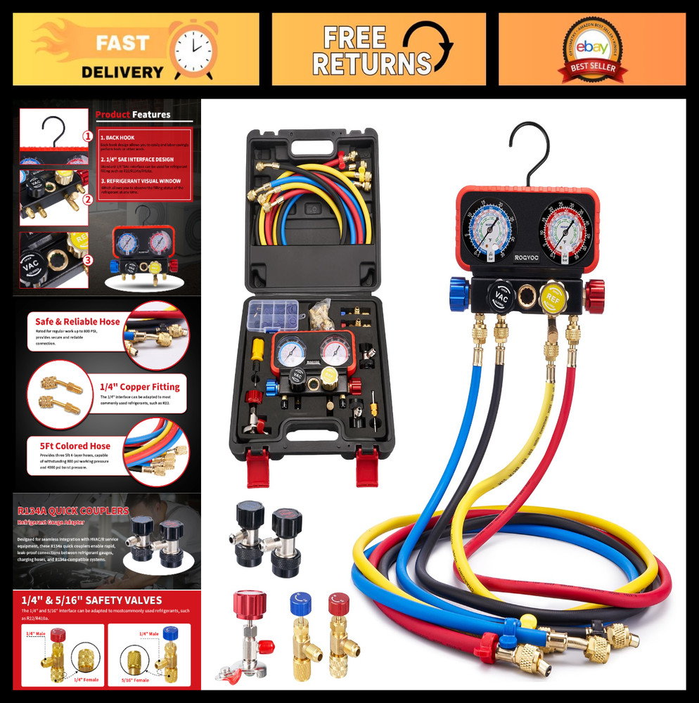 4-Way Manifold Gauge Set for R22/R410A/R134A | AC Charging Gauges, Quick Adapter