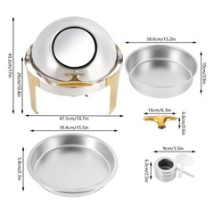Roll Top Chafing Dish Buffet Set Gold Accent 6.3 Quart Round Stainless Steel