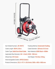 VEVOR Drain Cleaner Machine Electric Drain Auger 100 FT x 3/8 In Auto Feed