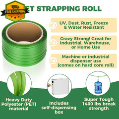 Green Polyester PET Strapping Roll 500ft 5/8 Inch 1400 lbs Self Dispensing Box