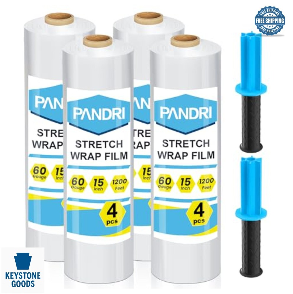 Stretch Film 15 x 1200 Ft 4 Rolls Industrial Strength Clear Wrap with Handles