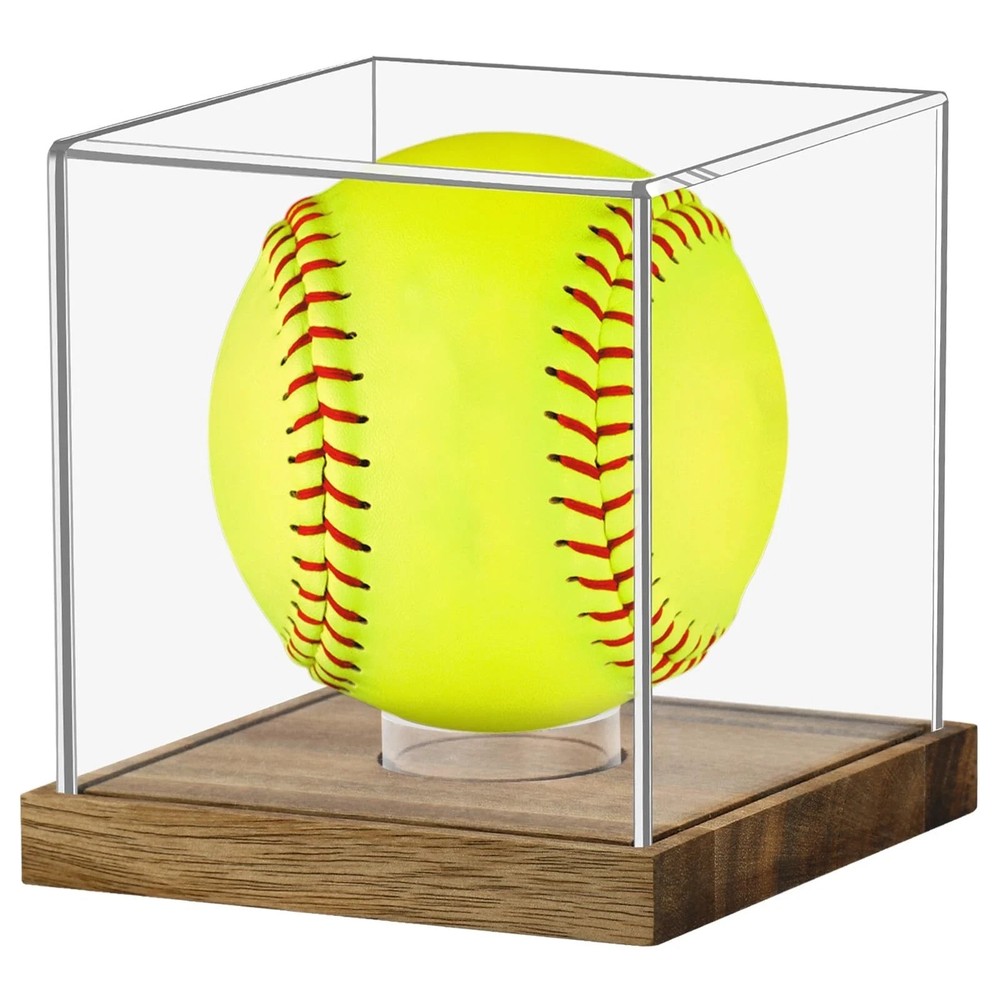 Clear Acrylic Softball Display Case with Wood Base, Memorabilia Stand Cube Ho…