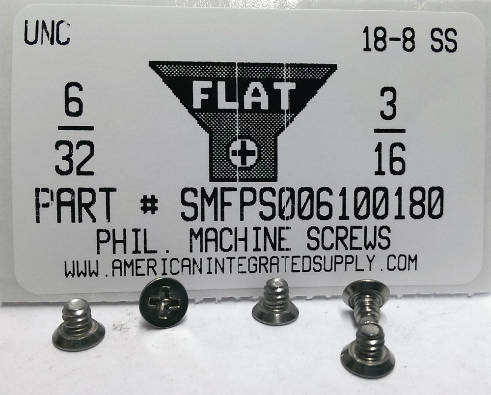 #6-32×3/16 Flat Undercut Head Phillips Machine Screws Stainless Steel (500)