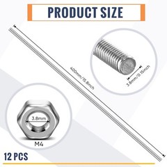 12 Pack 8/32 Inch M4 Threaded Rod w/ Hex Nuts Stainless Steel 16 Inch Studs Rods