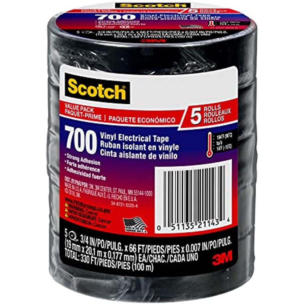 Scotch Vinyl Electrical Tape, Black, 3/4-in x 66-ft, 5-Rolls