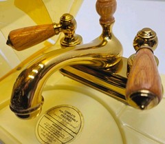 Bel-Air Solid Brass Bathroom Sink Faucet Gold Wood Handles Pop-Up Drain NOS Vtg