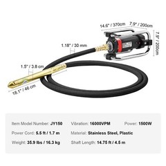 Electric Concrete Vibrator 1500W Copper Motor 16000 VPM with Shaft of 14.75 ft