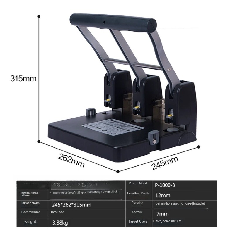 Effortless 3-Hole Punch: 100-Sheet Capacity, Manual, Heavy-Duty 3-Hole Punch