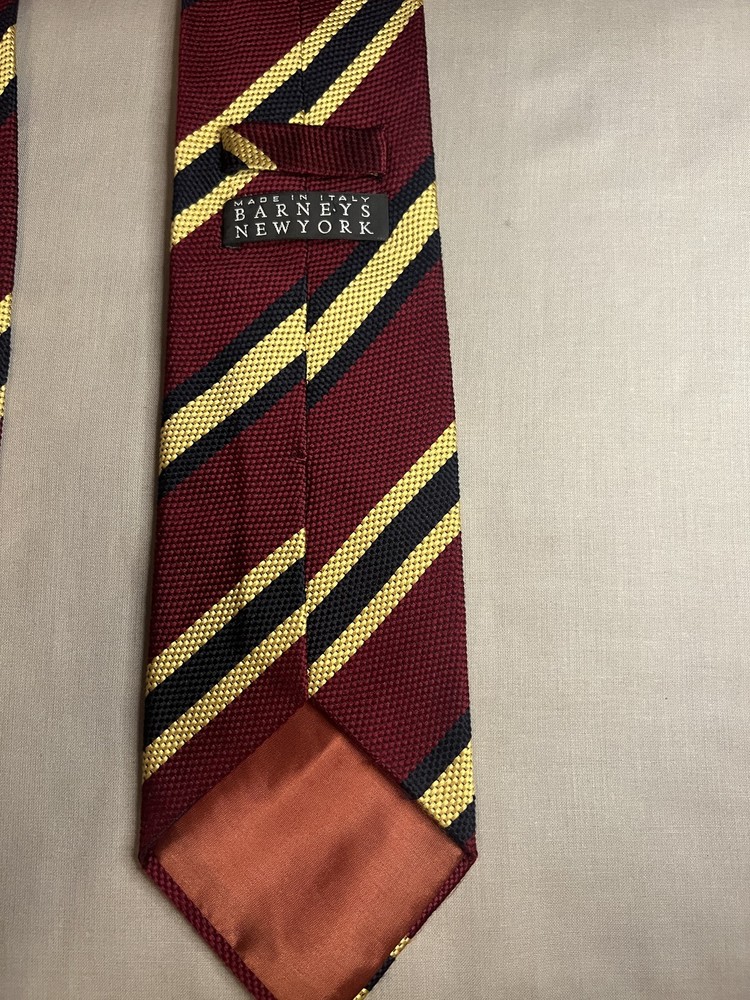 Barneys New York Burgundy Yellow Gold Black Stripe Silk Tie Vintage 80s