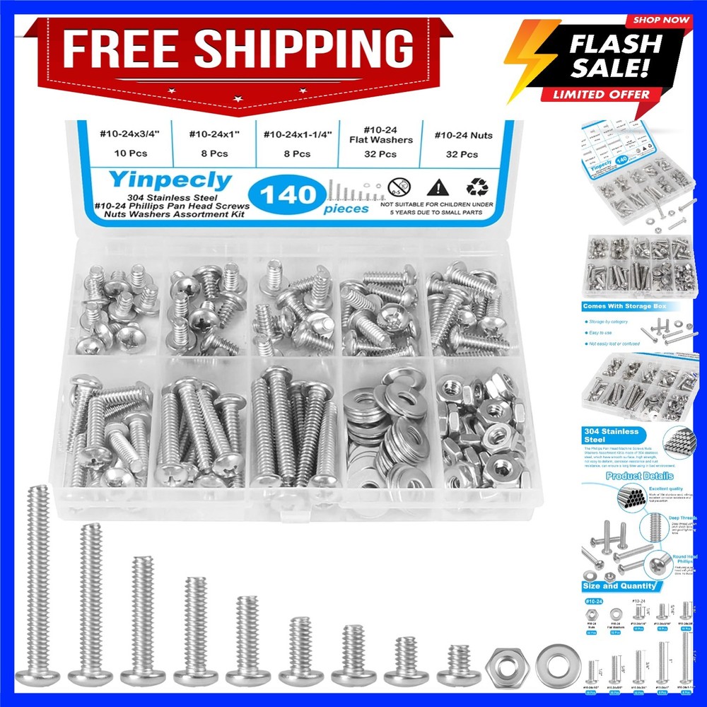 140pcs Phillips Pan Head Machine Screws Nuts Washers Assortment Kit,304 Stain…
