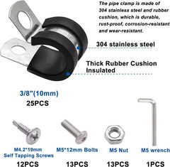 50PCS 3/8 Stainless Steel Rubber Cable Clamps with Screws Pipe Hose Clips
