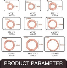Pack-200 Automobile Copper Flat Gasket Assortment Combination Set, Engine Oil Pa