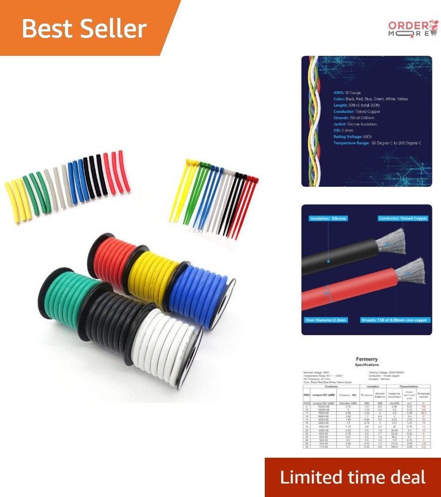 18 AWG Stranded Silicone Wire Kit: 6 Colors, 50ft Each for Versatile Projects