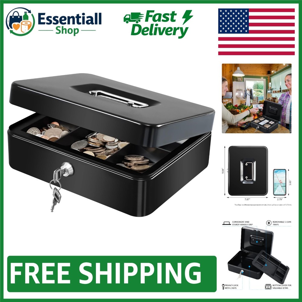 Compact Black Cash Box with Key Lock & Tray – Ideal for Events & Personal Use
