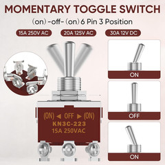 Momentary Toggle Switch, 6 Pin DPDT (On)-Off-(On) 30A 12VDC/15A 250VAC 3 Way He