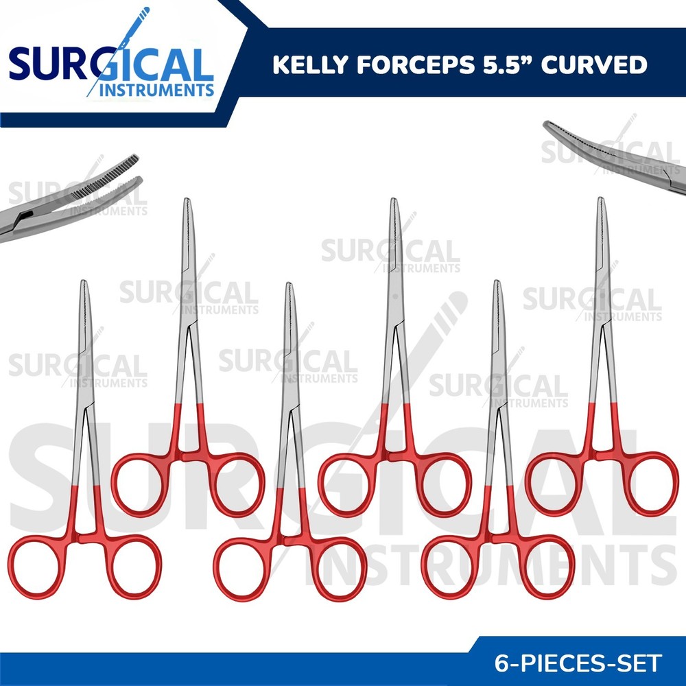 RED – 6 Pcs Kelly Hemostat Forceps 5.5″ Curved Surgical Dental German Grade