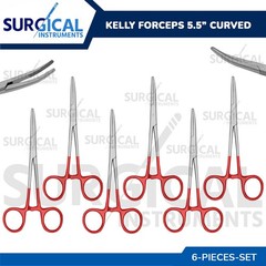 RED – 6 Pcs Kelly Hemostat Forceps 5.5″ Curved Surgical Dental German Grade