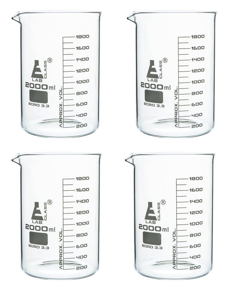 Eisco Labs 2000ml Beakers, Low Form, Graduated – Borosilicate Glass – 4 Pack