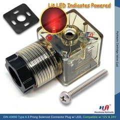 DIN 43650 Type A 3 Prong Solenoid Connector Plug w/ LED Light Compatible 12V 24V