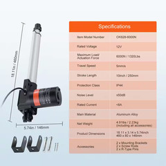 Linear Actuator 12V, 10 In. Heavy Duty 1320 Lbs. /6000N Linear Actuator, 0.19 In
