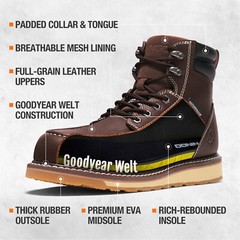NINGO Men’s Steel/Soft Toe Work Boots Waterproof Leather Industrial Safety Boots
