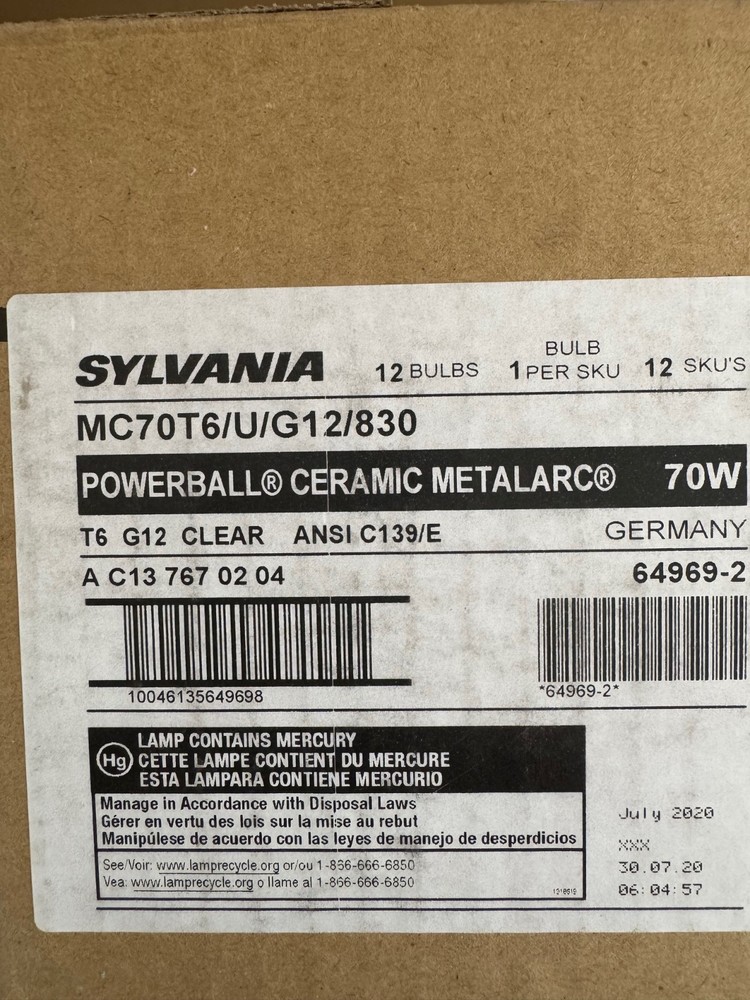12 Piece Sylvania 64969 MC70T6/U/G12/830 64361 70W T6 Clear G12 Ceramic HID 30K