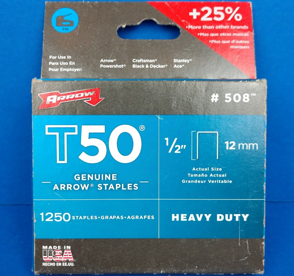 Arrow #508 T50 1/2-Inch (12mm) Heavy Duty Staples, 1250-Count NEW