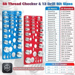 62Piece Nut Bolt Thread Checker 25 Inch 25 Metric 12 Drill Bit Sizer Red Blue