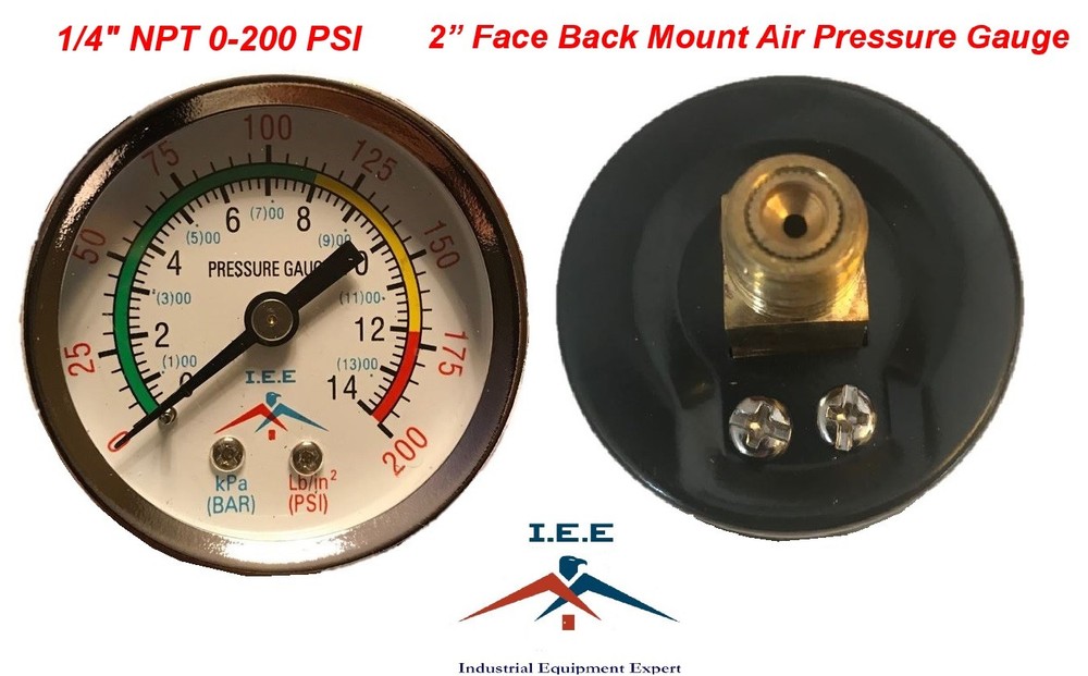 Air Compressor Pressure / Hydraulic Gauge 2″ Face Back Mount 1/4″ NPT 0-200 PSI