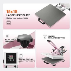 VEVOR Heat Press Machine 15×15 in Slide Out Heat Transfer Machine T-Shirts Pink