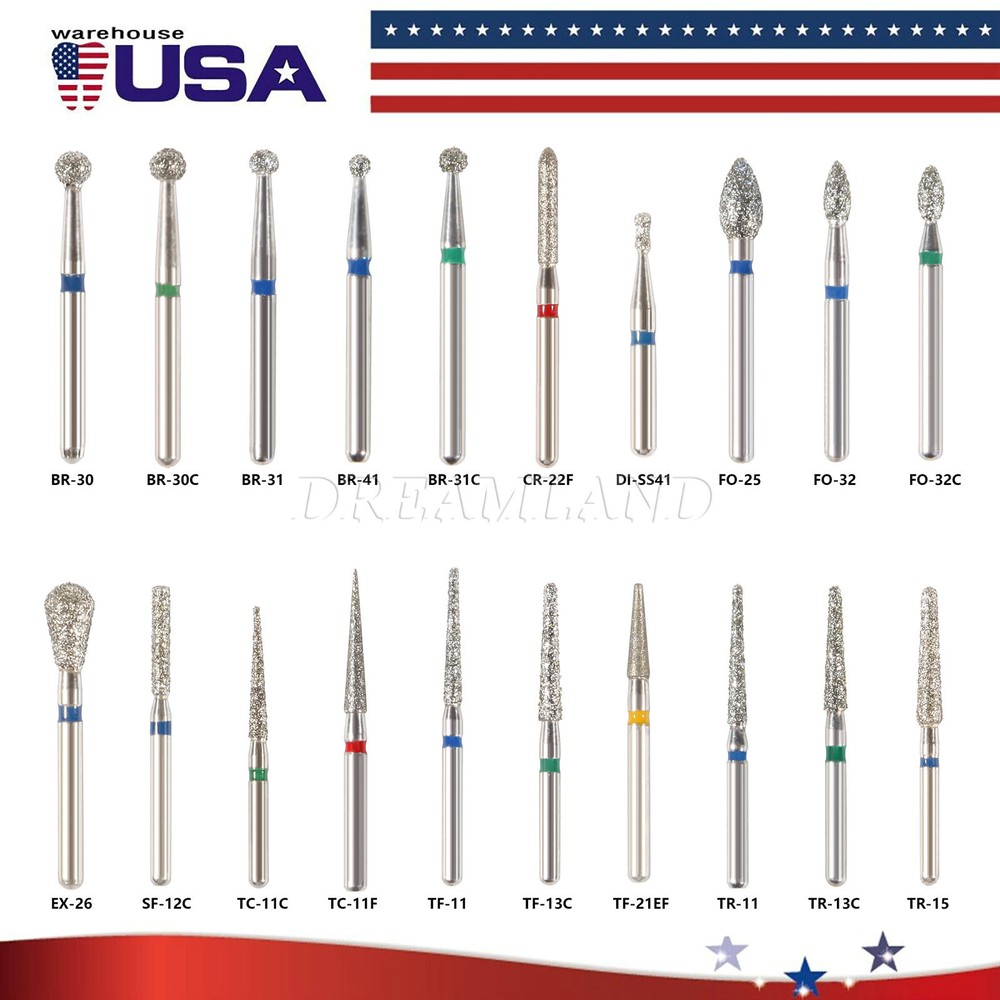100pcs Dental Diamond Burs FG 1.6mm 20 Types for High Speed Handpiece