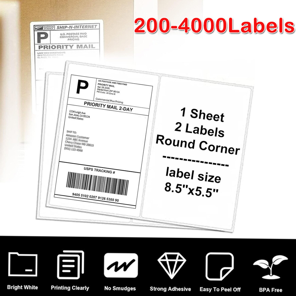 200-4000 Premium 8.5×5.5 Round Corner Shipping Labels Half Sheet Self Adhesive