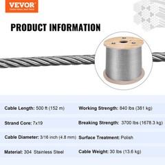 VEVOR 304 Stainless Steel Wire Rope Cable, 3/16, 7×19, 500 ft Reel