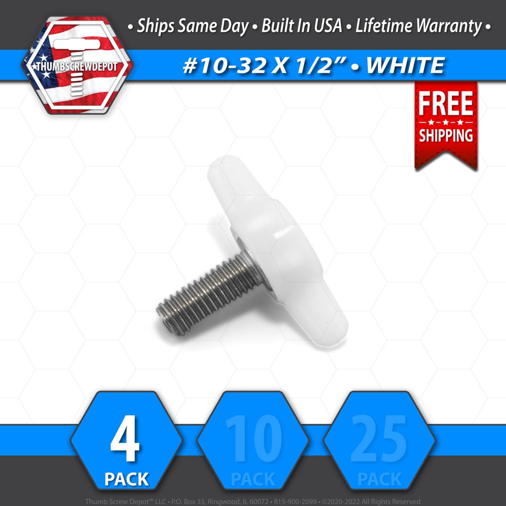 #10-32 x 1/2″ Thumb Screw Stainless Steel – White Tee / Wing Knob – USA